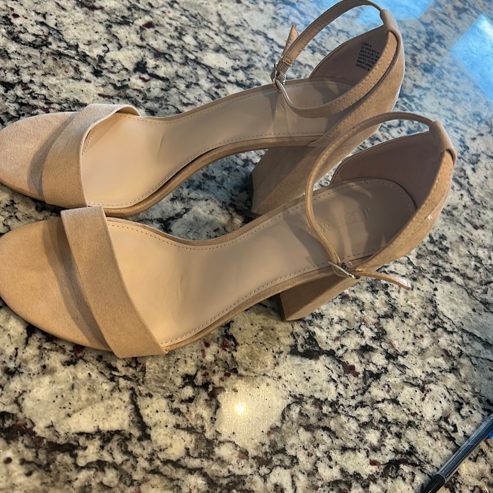 Suede block open toe heels